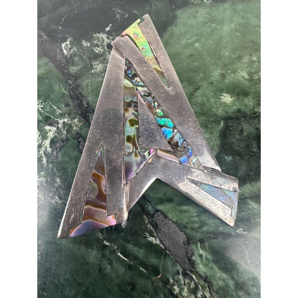 Vintage 925 Sterling Silver Abalone Shell Inlay Geometric Pin Brooch Signed